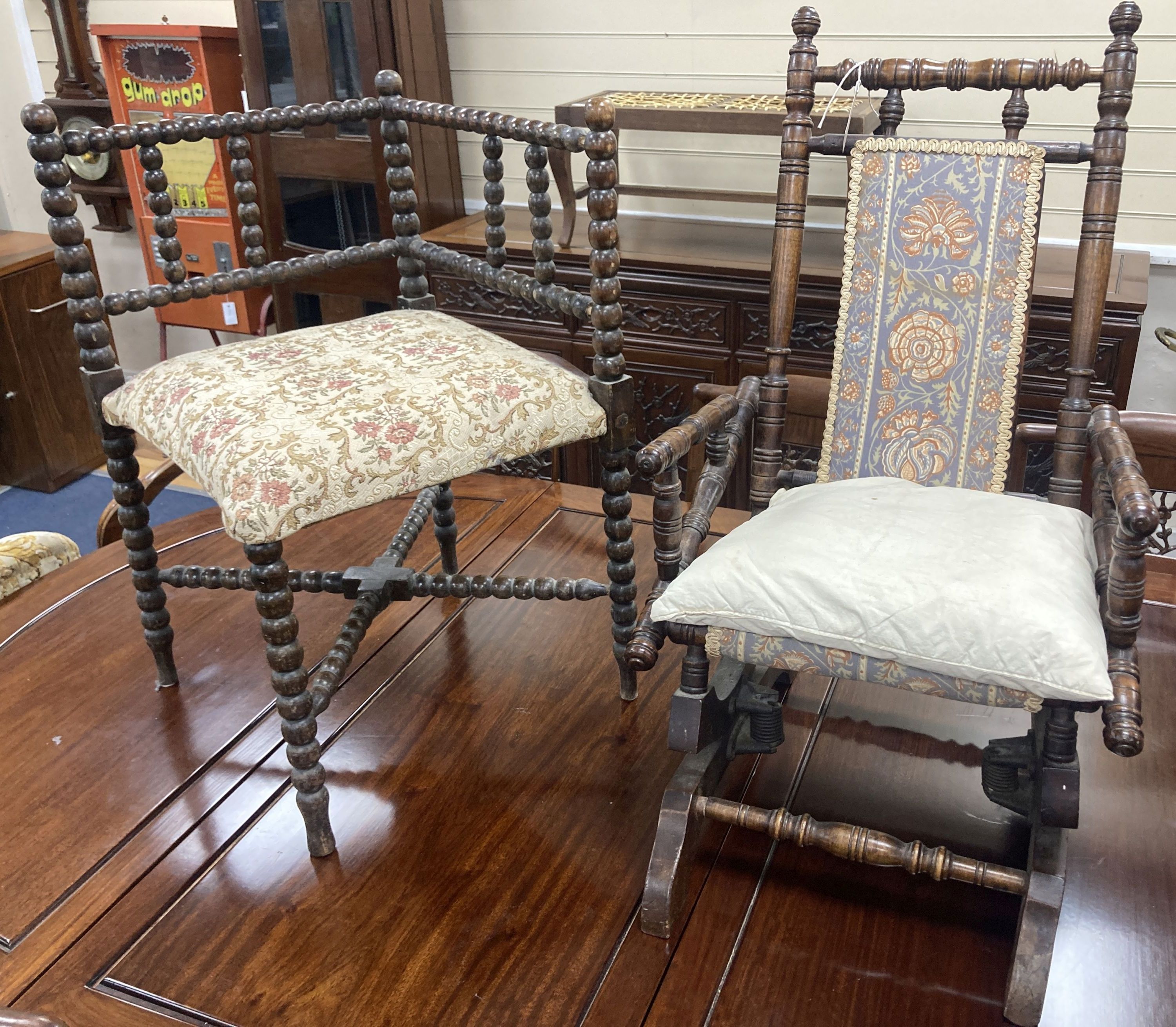 A Victorian childs rocking chair, width 33cm, depth 47cm, height 74cm together with a Victorian bobbin turned corner armchair, width 5